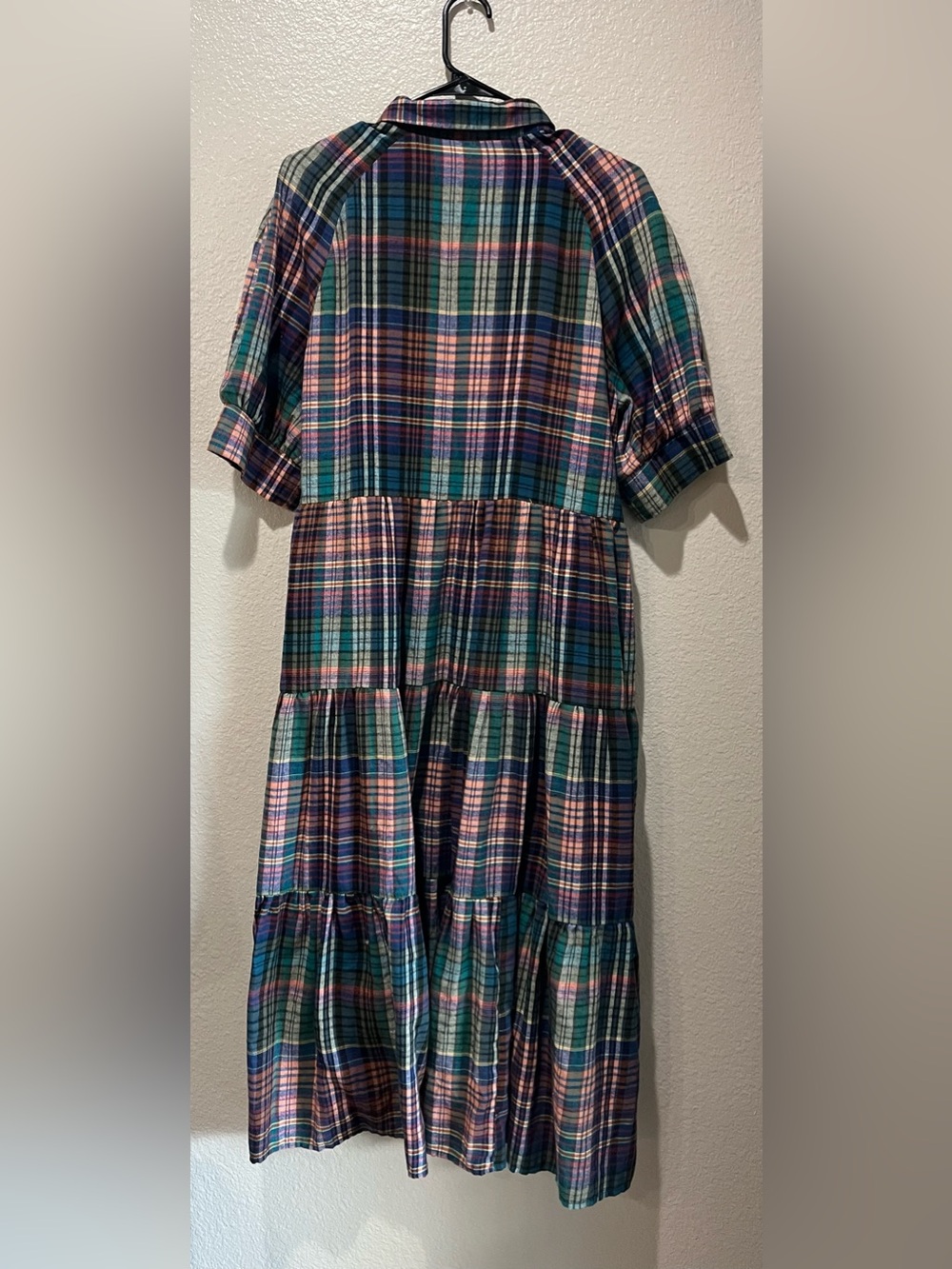 NATURAL LIFE Plaid tiered Midi Dress in Teal Navy Pink Short Sleeve Sz L Boho - Picture 9 of 9